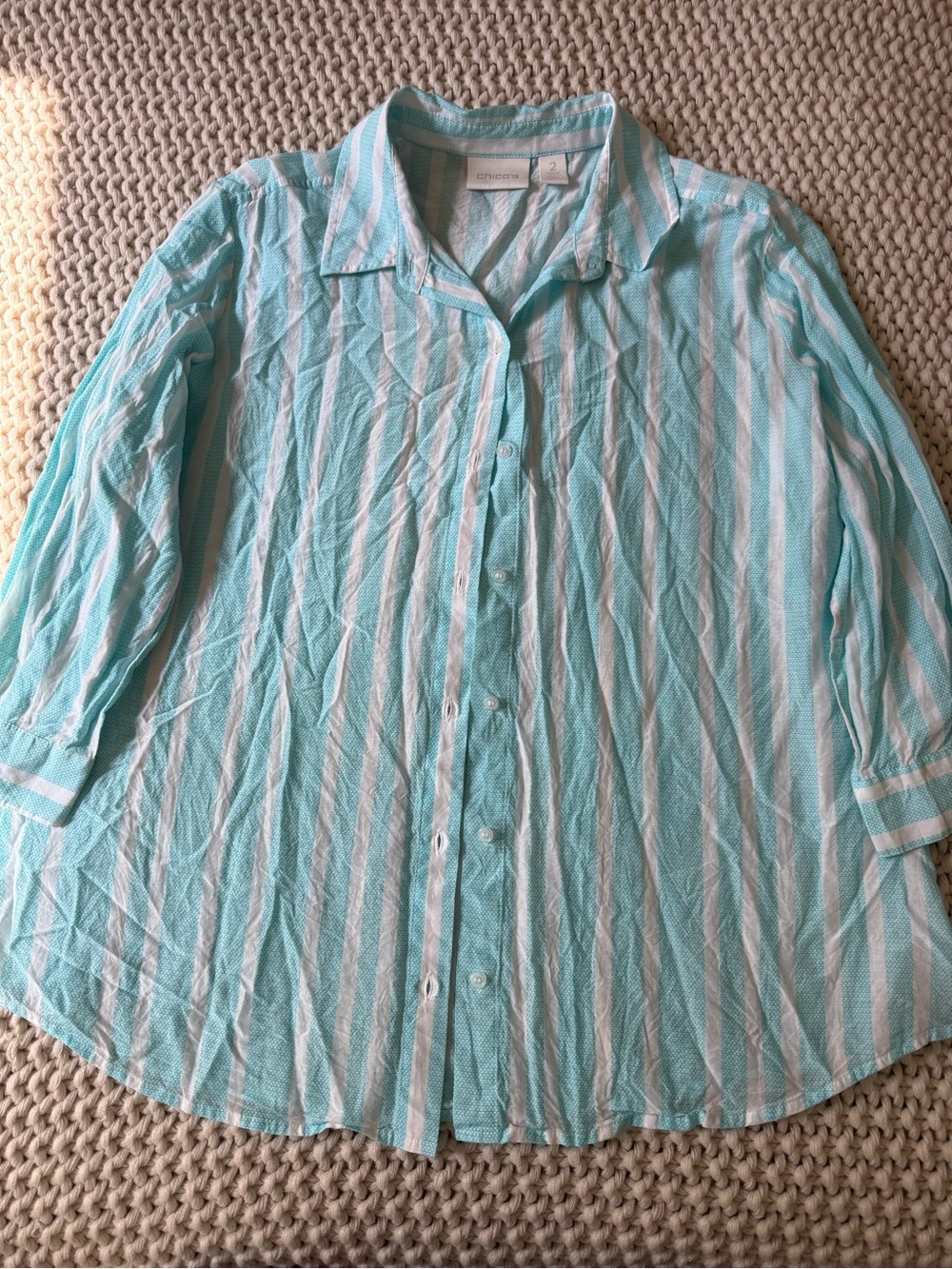 Chico's Aqua & White Vertical Stripe Button-Down Shirt Cotton/Silk Size 2 (L)